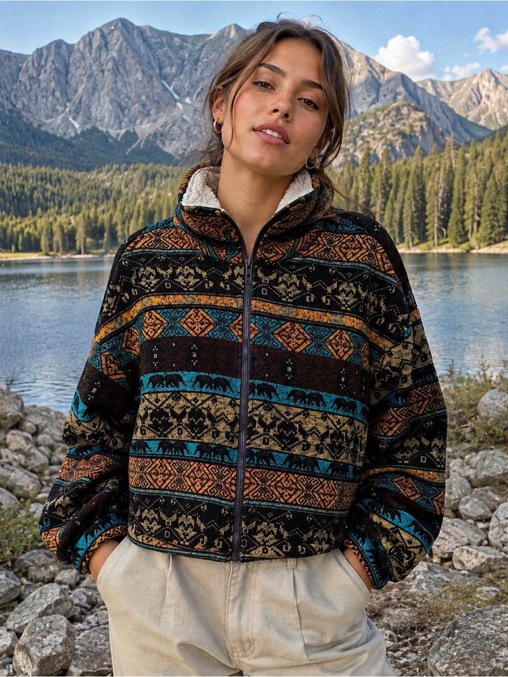 Zaful Black, Teal & Brown Patterned Teddy Zip Jacket